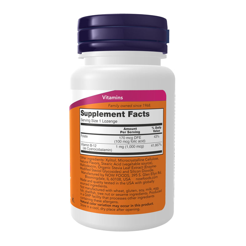 NOW Supplements, Vitamin B-12 1,000 mcg with Folic Acid, Nervous System Health*, 100 Chewable Lozenges 100 Count (Pack of 1)