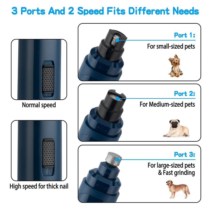 Casfuy Dog Nail Grinder Upgraded - Professional 2-Speed Electric Rechargeable Pet Nail Trimmer Painless Paws Grooming & Smoothing for Small Medium Large Dogs & Cats (Dark Blue) B-dark Blue