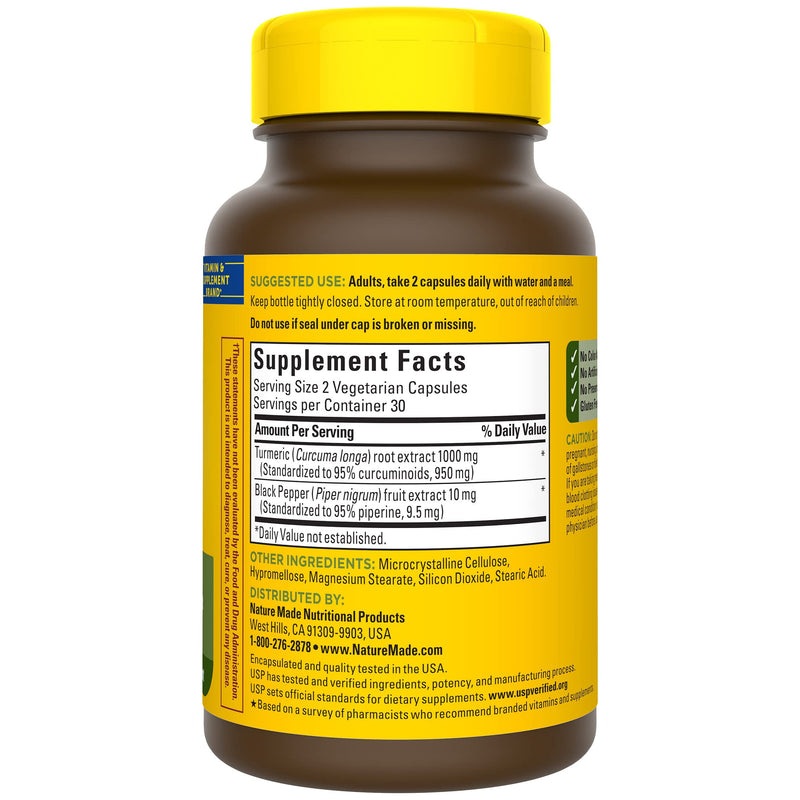 Nature Made Extra Strength Turmeric Curcumin with Black Pepper, 1000mg extract (950mg Curcuminoids) per serving, Supports Healthy Inflammation Response, 60 Vegetarian Capsules, 30 Day Supply - BeesActive Australia