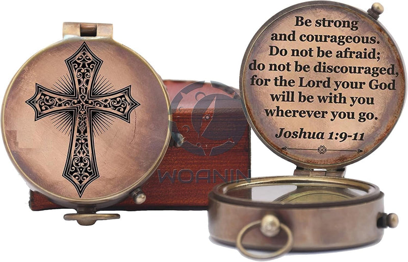 Baptism Gift Personalized Keepsake Compass Engraved Cross and Be Strong and Courageous, Confirmation Gift Ideas, Gift of Faith. Missionary Antique with Wooden Box - BeesActive Australia