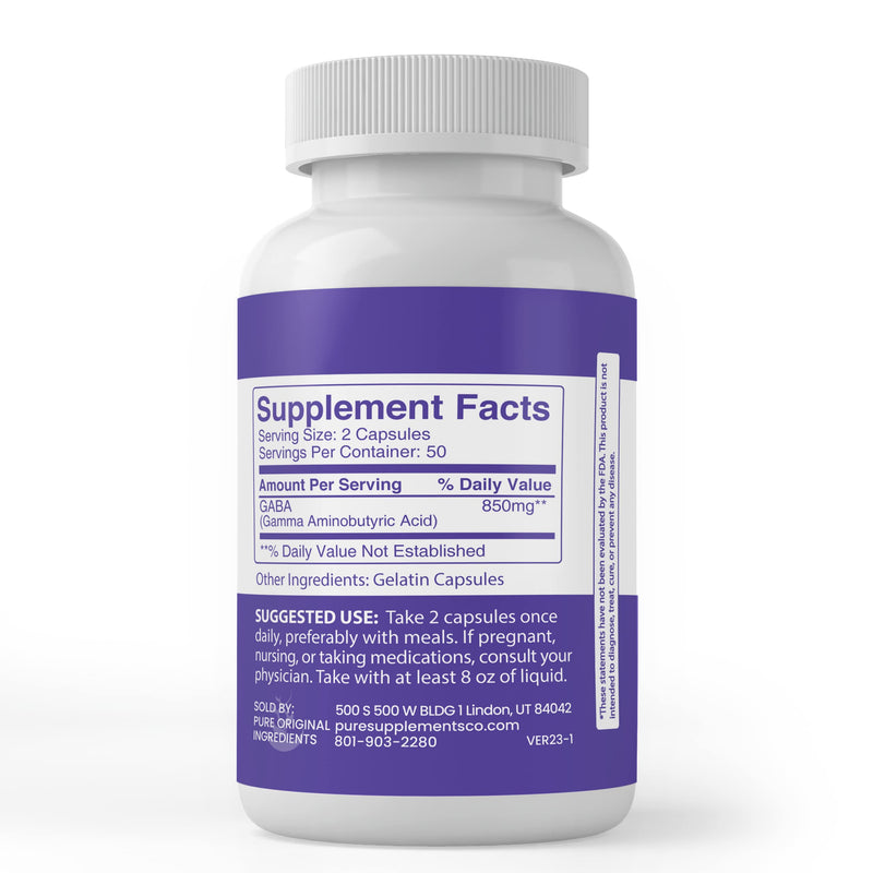 Pure Original Ingredients GABA, (100 Capsules) Always Pure, No Additives or Fillers, Lab Verified (Pack of 2) 100 Count (Pack of 2)