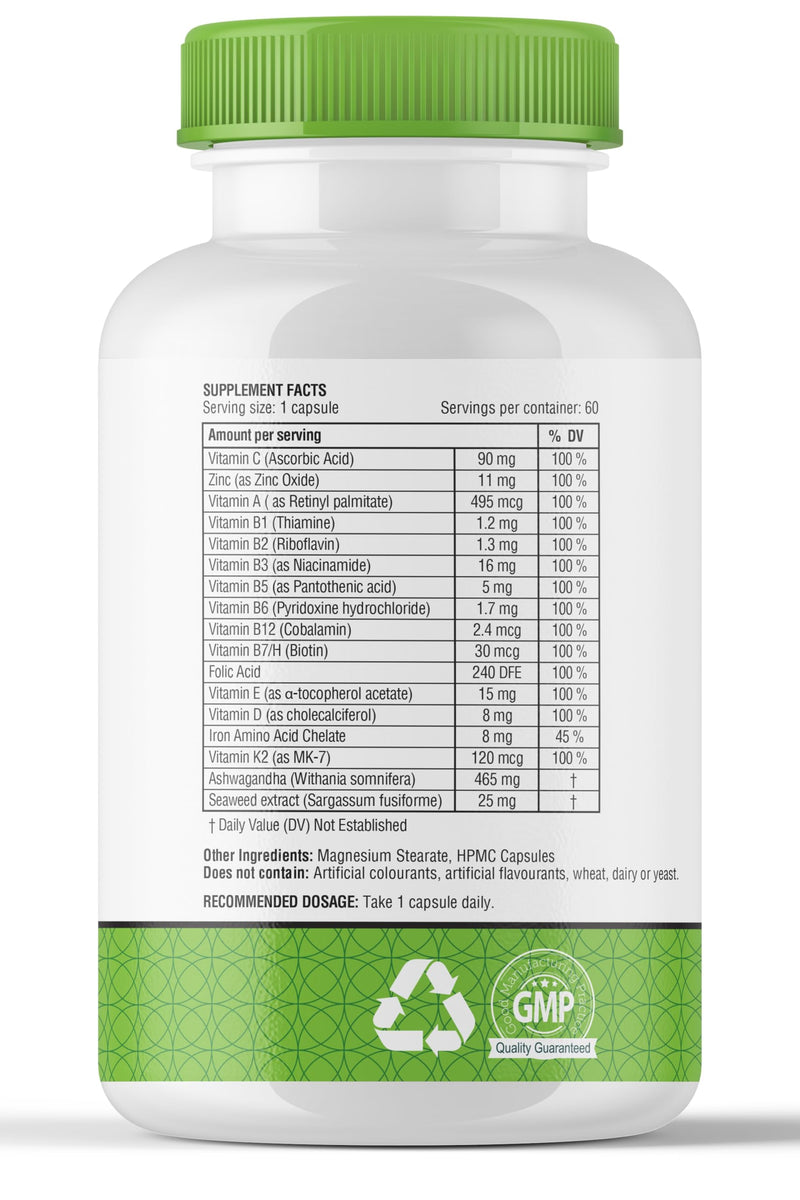 obel Daily Multivitamin with Ashwagandha & Seaweed | for Men & Woman | Complete Vitamins & Minerals | 60 Capsules (60 Day Supply)