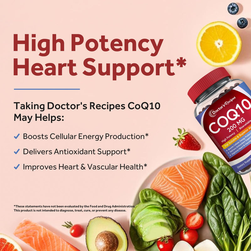 Doctor's Recipes CoQ10 200mg, 60 Softgels, Highly Absorbable Coenzyme Q10, Antioxidant Support & Cellular Energy Boost, Improves Heart, Vascular & Muscle Health, Non-GMO, 2 Month Supply