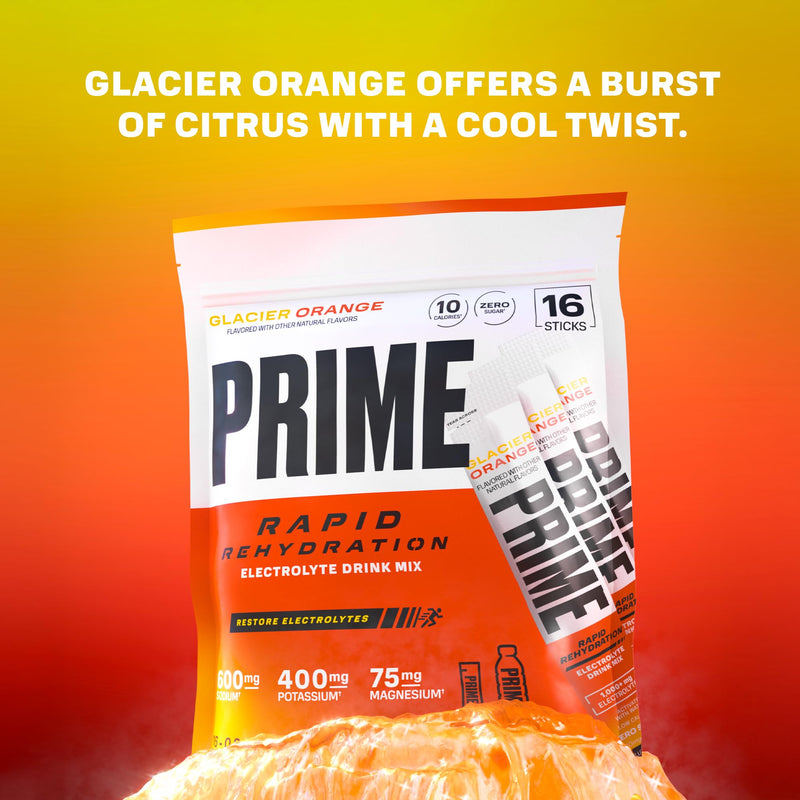 PRIME Rapid Rehydration Electrolyte Powder Sticks, Glacier Orange, Sugar Free Hydration Drink Mix with Sodium, Potassium, Magnesium & B Vitamins to Replenish Fluids, Caffeine Free, 16 Count