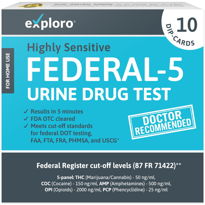 Exploro Federal Level 5 Panel Drug Test Kit - At Home Urine Drug Screen for THC, Cocaine, Amphetamines, Opiates, PCP - Accurate Results for Pre-Employment & Personal Use (Pack of 10) 10 Count (Pack of 1) - BeesActive Australia