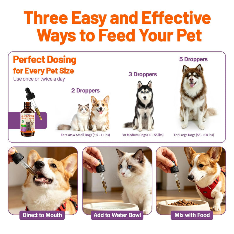 Quercetin Drops for Dogs & Cats, Dog Allergy Relief Liquid Supplement with Chicken Flavor, Supports Itchy Skin, Paw Licking, Hot Spots, Immune & Seasonal Wellness, 2 fl oz