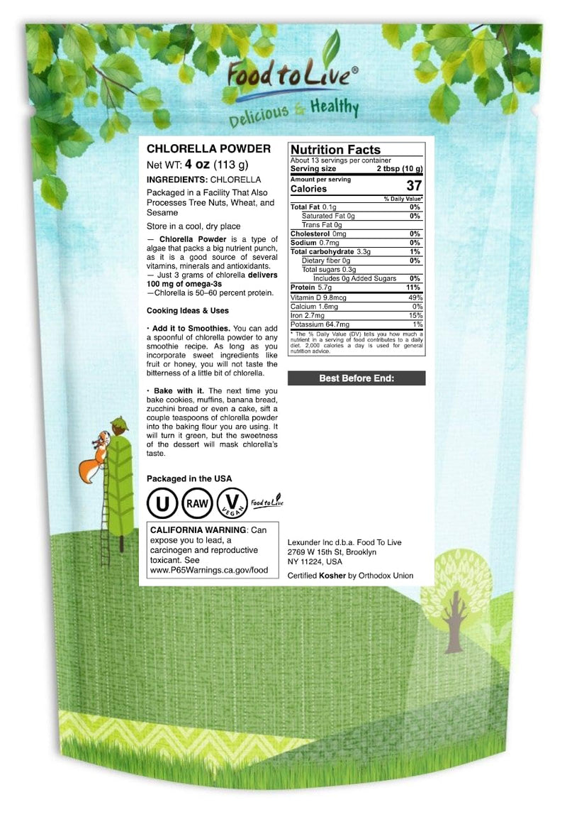 Food to Live Chlorella Powder, 4 Ounces - Kosher, Raw Green Algae, Vegan Superfood, Bulk, Pure Vegan Green Protein, Rich in Vitamins and Minerals, Great for Drinks, Teas and Smoothies 4 Ounce (Pack of 1)
