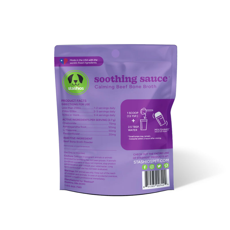 Soothing Sauce Beef Bone Broth Calming Powder Supplement for Dogs & Cats, All Natural Anxiety Relief, Made in The USA, 3 oz Calming Beef - PawsPlanet Australia