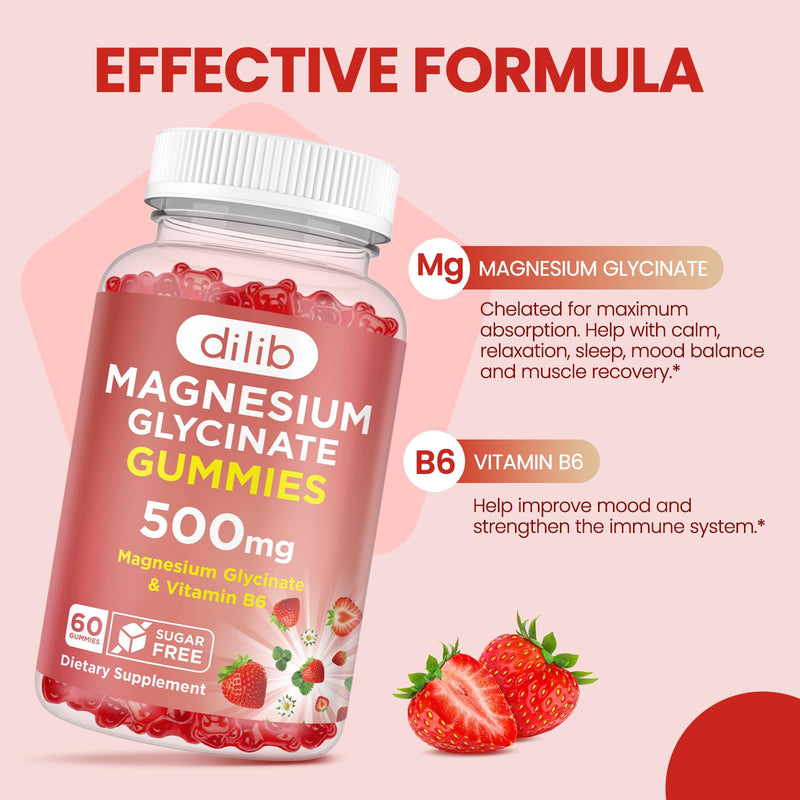 Magnesium Glycinate Gummies 500mg - Magnesium Supplement with Vitamin B6 for Adults & Magnesium for Kids - Calm Magnesium for Sleep, Mood, Muscle Support - Strawberry Flavor, 60 Gummies 60 Count (Pack of 1)