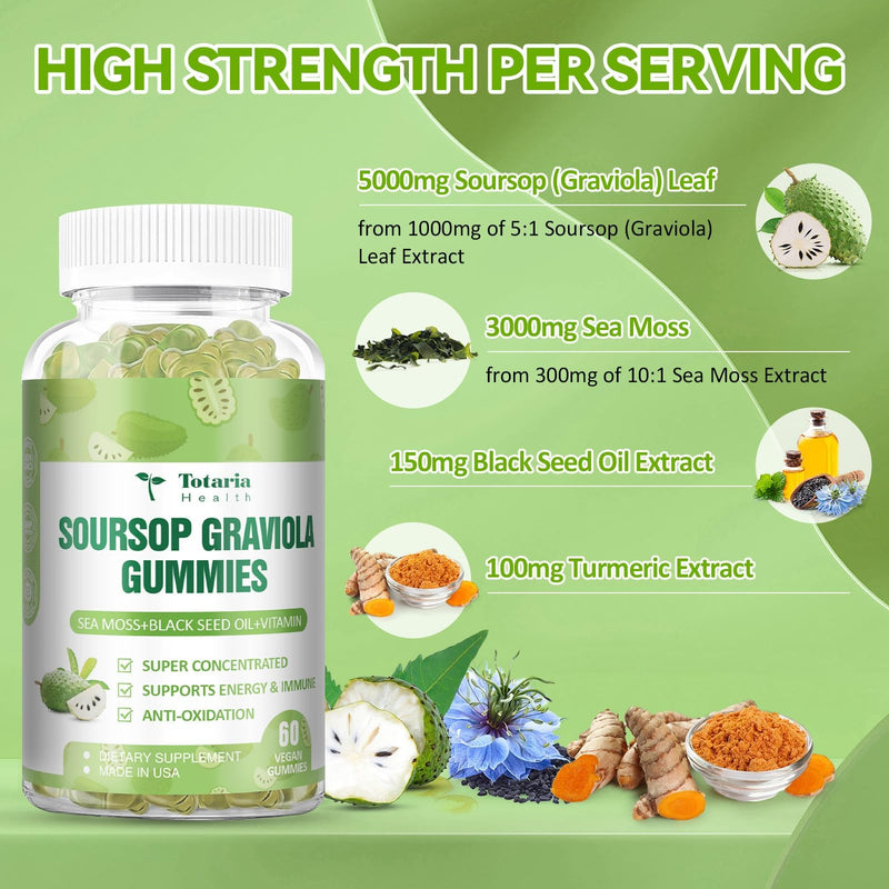 Totaria Sugar Free Soursop Oil Graviola Sea Moss Gummies - Support Digestive Sleep Skin Health, Immunity & Antioxidant - Guanabana Fruit with Sea Moss, 150mg Black Seed Oil Organic Non-GMO Vegan 60 Count (Pack of 1)