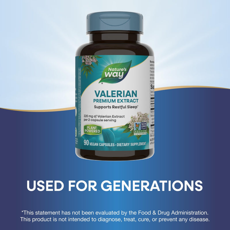 Nature's Way Valerian Premium Extract - 220 mg of valerian extract per 2-capsule Serving - Supports Restful Sleep* - Non-GMO Project Verified - Herbal Supplements - Gluten Free - 90 Capsules 90 Count (Pack of 1) - BeesActive Australia