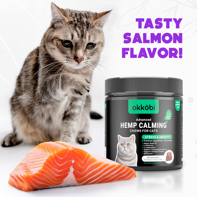 Hemp Calming Chews for Cats Anxiety 200 pcs - Feline Anxiety Relief with Melatonin - for Stress, Travel, Check-up, restlessness or Separation - Cat Calming Treats Salmon
