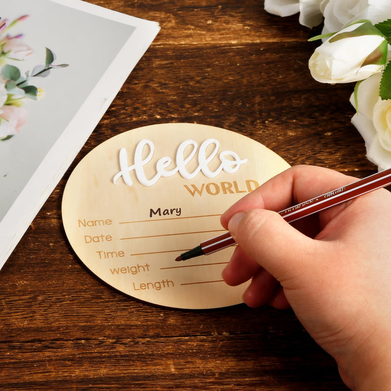 Baby Announcement Sign, 5.9 Inch Wooden Hello World Newborn Sign Birth Announcement Signs Baby Name Announcement Plaques for Photo Props Baby Shower Hospital Nursery - BeesActive Australia