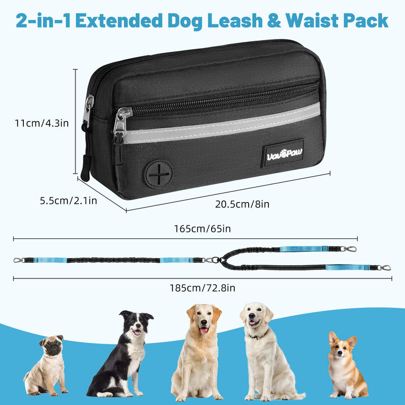 VavoPaw Hands Free Dog Leash for 2 Dogs with Pouch, Waist Leash for Dog Walking, Jogging, Hiking, Retractable Leashes with Dual Padded Handles, Adjustable Reflective Belt for Small, Medium, Large Dogs Black/Blue 2 Leashes - BeesActive Australia