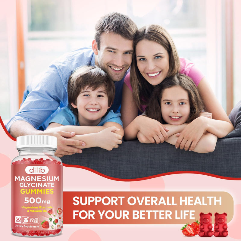 Magnesium Glycinate Gummies 500mg - Magnesium Supplement with Vitamin B6 for Adults & Magnesium for Kids - Calm Magnesium for Sleep, Mood, Muscle Support - Strawberry Flavor, 60 Gummies 60 Count (Pack of 1)