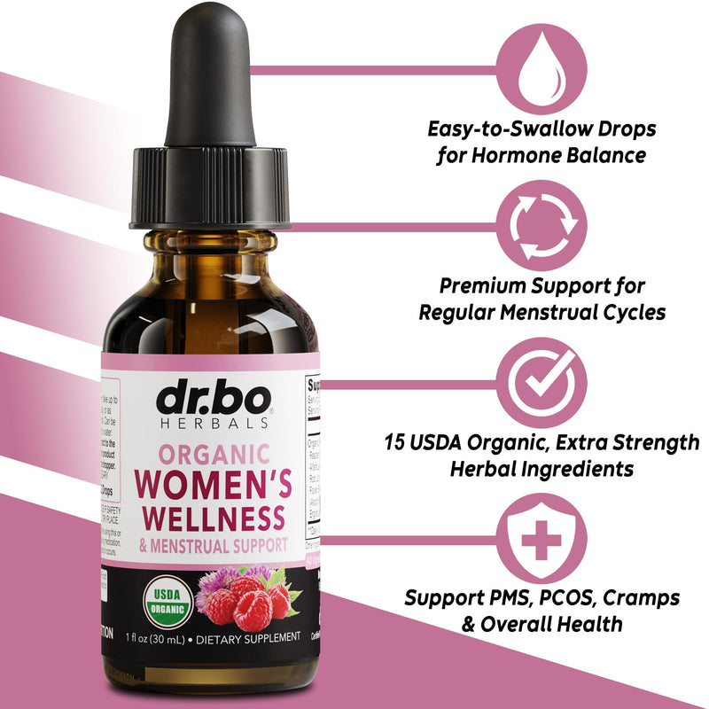 Hormone Balance for Women & PMS Relief - Women's Wellness Organic Hormonal Balance Supplements Liquid Drops & Menstrual Cramp Period Support - Raspberry Leaf, Chasteberry, Black Cohosh Supplement 1 Oz