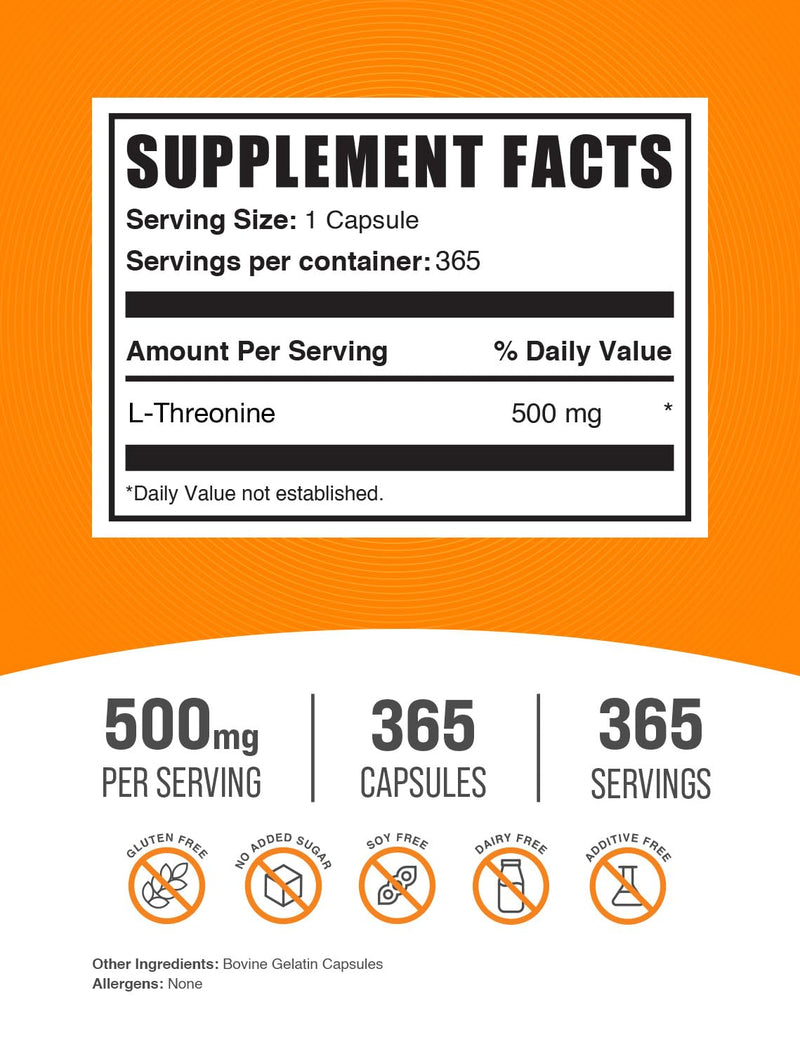 BulkSupplements.com L-Threonine Capsules - L-Threonine Supplement, Threonine 500mg - Amino Acid Supplement, Gluten Free, 1 Capsule per Serving, 365 Capsules (Pack of 1)