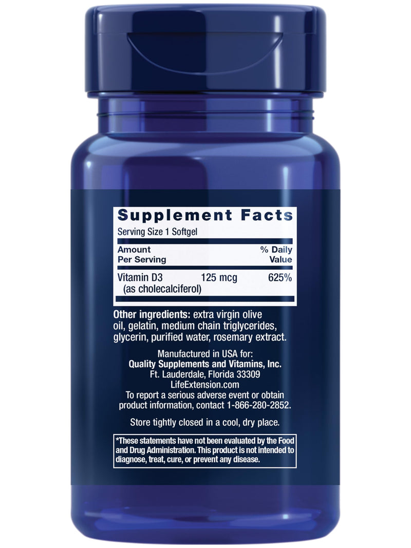 Life Extension Vitamin D3 125 mcg (5000 IU), Bone Health, Brain Performance, Immune System Support, Gluten-Free, Non-GMO, Once Daily, Two-Month Supply, 60 Softgels (Pack of 2) 60 Count (Pack of 2)