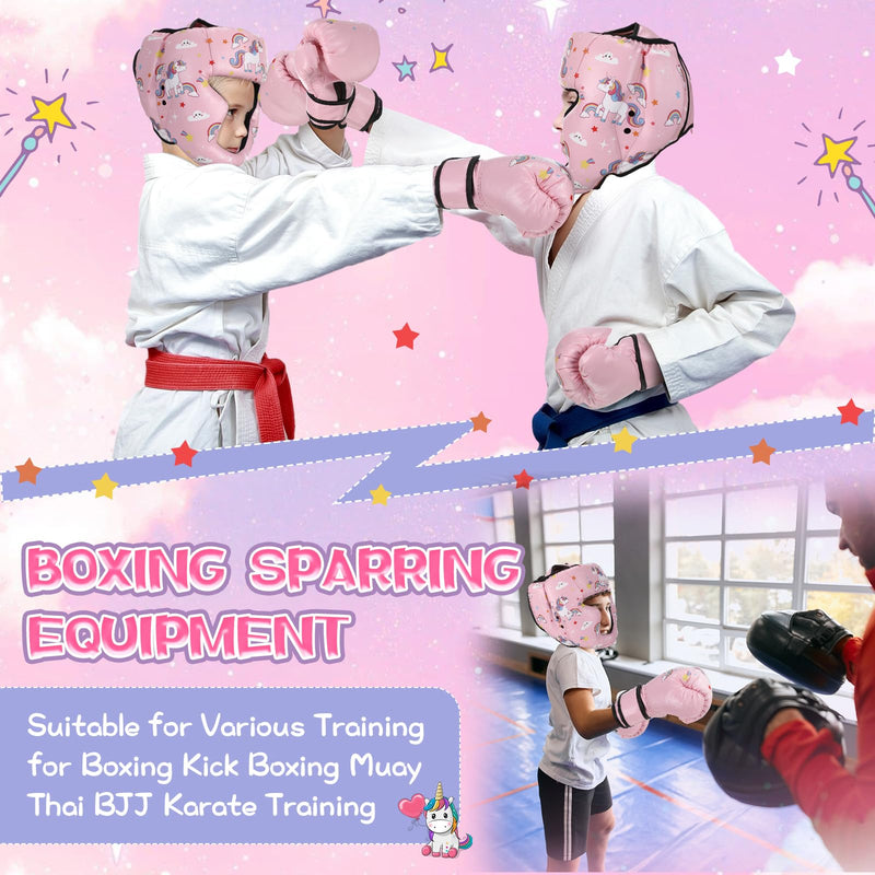 Boxing Headgear and Gloves Set for Kids 6oz Boxing Gloves and Wrestling Headgear Sparring Equipment for Boxing Kickboxing Muay Thai BJJ Karate Training Pink Unicorn
