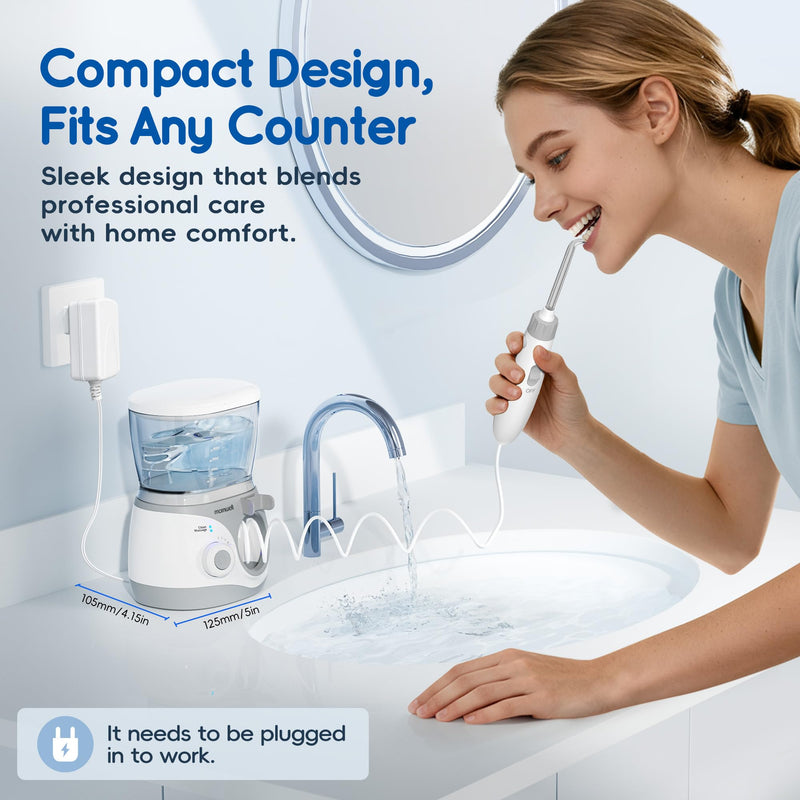 Mornwell Water Dental Flosser for Teeth, 2 Modes and 10 Adjustable Pressure Oral Irrigator for Braces, 8 Multi-Functional Tips for Family, Multiple Users, Home Use, White 600ML
