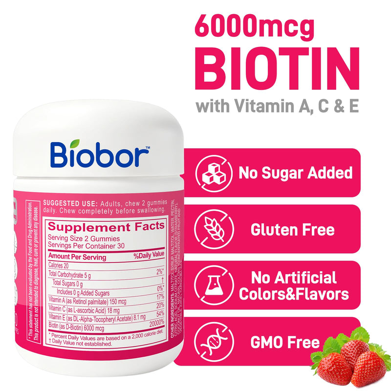 Biobor Hair Skin & Nails Gummies, 6000 mcg Biotin for Beauty Support, 60 Ct | Daily Beauty Gummies for Adult with Biotin and Vitamins A, C & E. Strawberry Flavor. No Sugar Added, Gluten free, Non-GMO. 60 Count (Pack of 1)