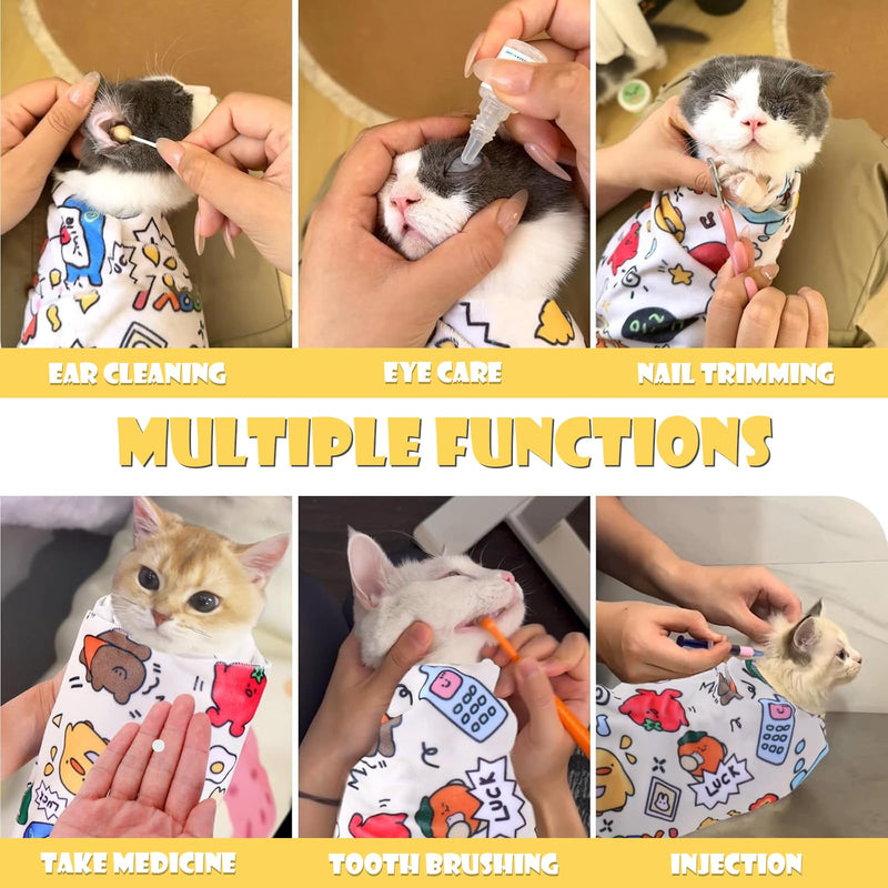 Cat Wrap for Cutting Nails, Cat Restraint Wrap for Nail Clipping and Grooming, 21.6×21.6" Self-Adhesive Anti-Bite Cat Swaddle Burrito Wrap, Suitable for Cats Within 22lbs (Cartoon Rabbit) Cartoon rabbit - BeesActive Australia