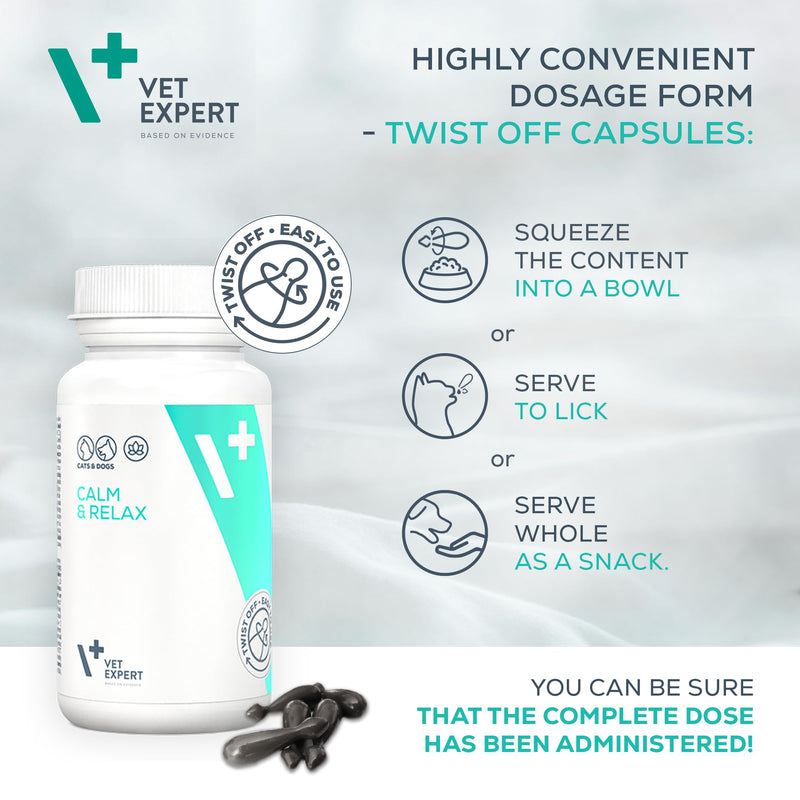 Vet Expert Calm & Relax Supplement for Dogs and Cats – Reduces Stress and Anxiety with Tryptophan, Valerian Extract, Taurine, and Green Tea Leaf Extract – 30 Twist-Off Capsules