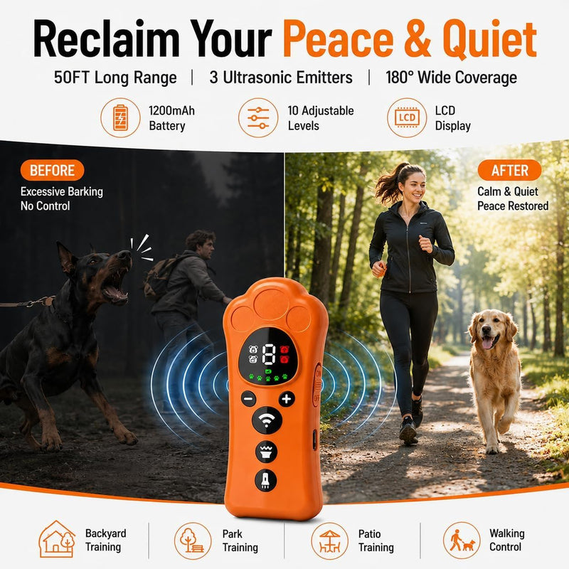 2026 Upgraded Dog Bark Deterrent Devices with 10 Adjustable Levels, 50FT 180° Wide Range Trainer with LED Flashlight, 1200mAh Rechargeable Dog Training (Orange and Black) Orange and Black