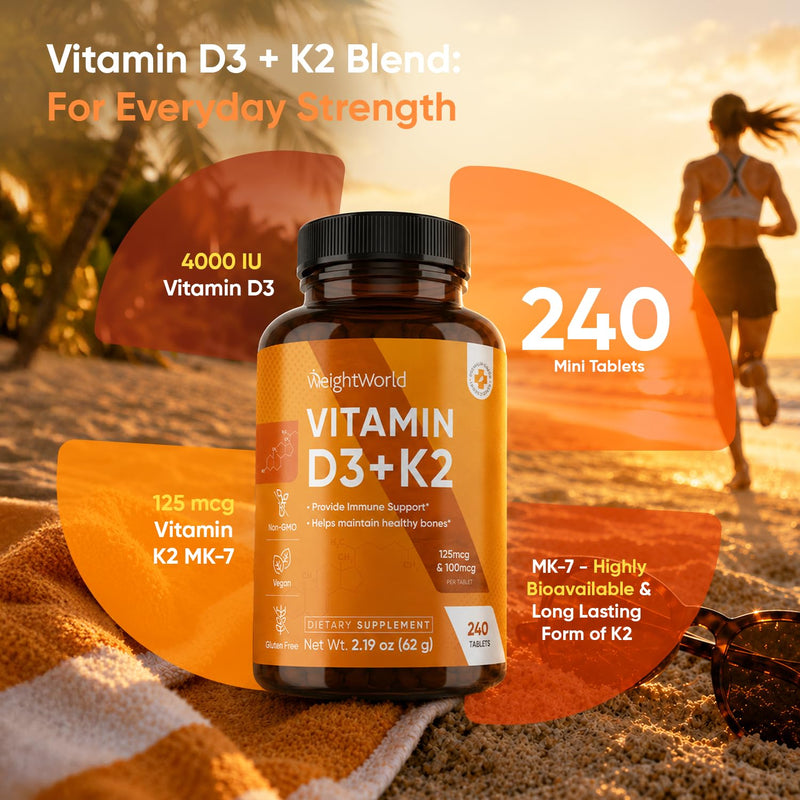 WeightWorld Vitamin D3 K2 4000 IU for Bone, Immune, Vascular Health & Max Calcium Absorption | 8-Month Supply | Lichen-Sourced Vegan D3 and K2 Supplements | K2 D3 Vitamin Supplements, Non-GMO Vitamin D3K2 4000IU Tablets