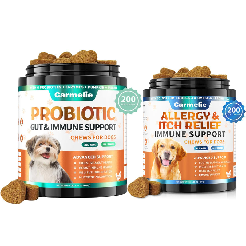 Dog Allergy Relief + Carmelie Probiotics for Dogs – 400 Soft Chews, Itchy Skin & Paw Licking Relief, Digestive Health, Immune Support, Seasonal Allergies, Chicken Flavor