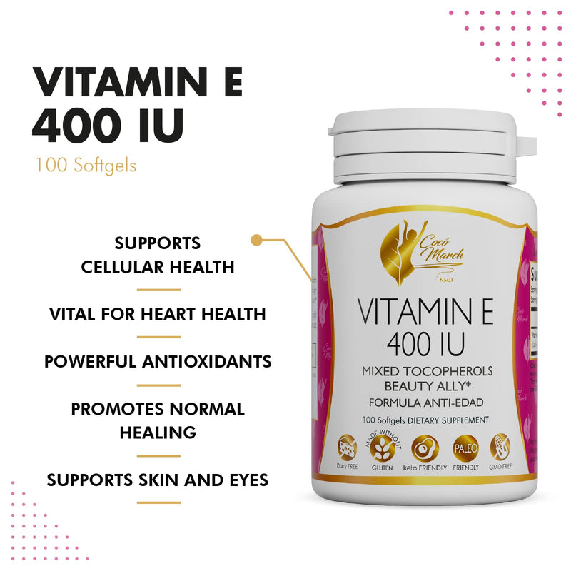 Coco March Natural Vitamin E 400 IU -Mixed Tocopherols, Beauty Ally, 3 Month Supply - Gluten Free, Paleo Friendly, Dairy Free, Keto Friendly, GMO Free, 100 Softgels - BeesActive Australia