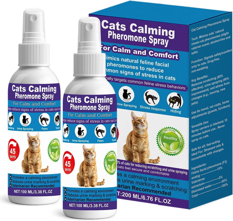 Cat Calming Pheromone Spray for Stress & Anxiety Relief – Reduces Scratching, Urine Spraying, Hiding – Drug-Free & Vet Recommended – Feline Calm Spray with F3 Facial Pheromone 2 * 100mL 8.9oz Blue