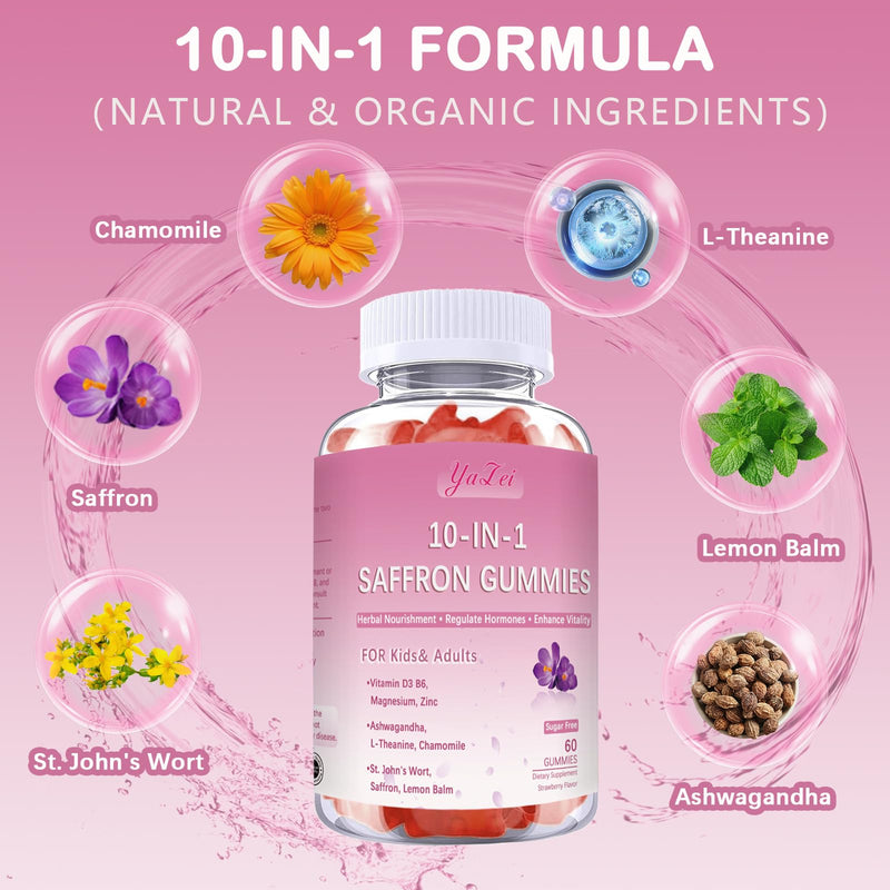 Saffron Supplements Gummies for Kids & Adults,Sugar Free, | with Ashwagandha,L-Theanine,Chamomile,St. John's Wort,Lemon Balm,Vitamin D3 B6, Magnesium for Zzz, Mood, Focus & Vision