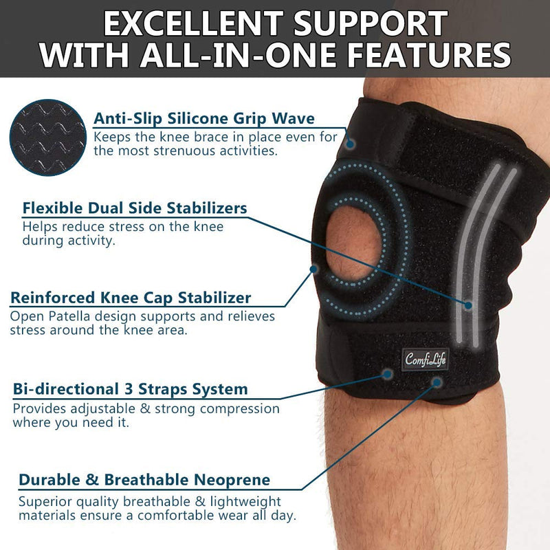 ComfiLife Knee Brace for Knee Pain Relief – Neoprene Knee Brace for Working Out, Running, Injury Recovery – Side Stabilizers – 3 Point Adjustable Compression – Open Patella Support,Non-Slip (Medium) Medium (Pack of 1)