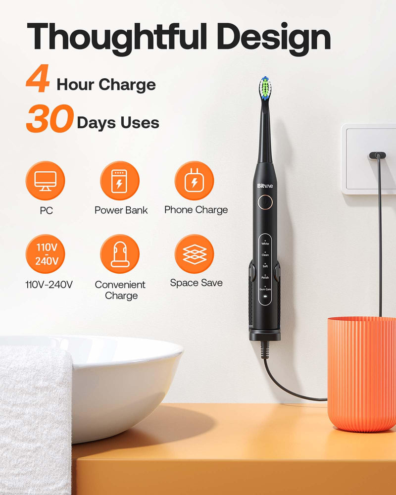 Bitvae Electric Toothbrush for Adults - Ultrasonic Electric Toothbrushes with 8 Brush Heads, ADA Accepted Power Rechargeable Toothbrush with 5 Modes, Smart Timer, Black D2 - BeesActive Australia