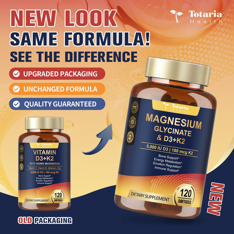 9-in-1 Magnesium Glycinate 500mg + Vitamin D3 5000 IU & K2 Complex - High Absorption - Healthy Stress, Sleep, Muscle Function, Bone Health & Energy Supports | Non-GMO, Gluten-Free 120 Softgels 120 Count (Pack of 1)