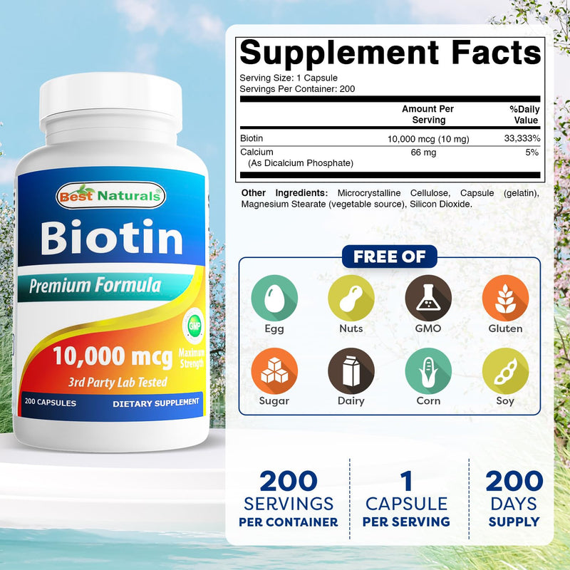 Best Naturals Maximum Potency Biotin 10,000 Mcg for Healthier and Longer Hair Growth Support Formula, 200 Count