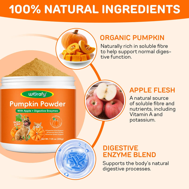 Pumpkin Powder for Dogs & Cats 200g - Pumpkin Puree Powder | Dual Action Fibre + Enzymes | Gut Health & Healthy Stools Support