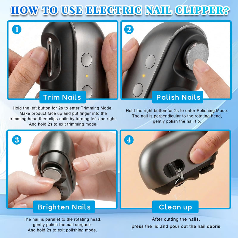 Electric Nail Clippers for Adults Seniors, 3 in 1 Automatic Nail Clipper Trimmer with Polisher/2 Speeds/LED Light/Nail File, 2026 Rechargeable Strong Power Nail Cutter for Fingernails Toenails Black - BeesActive Australia