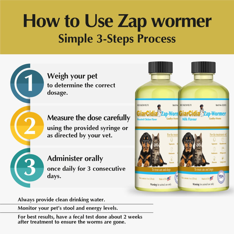 No More Worms in Cats and Dogs- Dewormer for Cats and Dewormer for Dogs - Chicken and Milk Flavours 120 mL / 4 oz Glass Bottle – Includes 3 mL Dropper with Cap (Chicken Flavor) Chicken Flavor