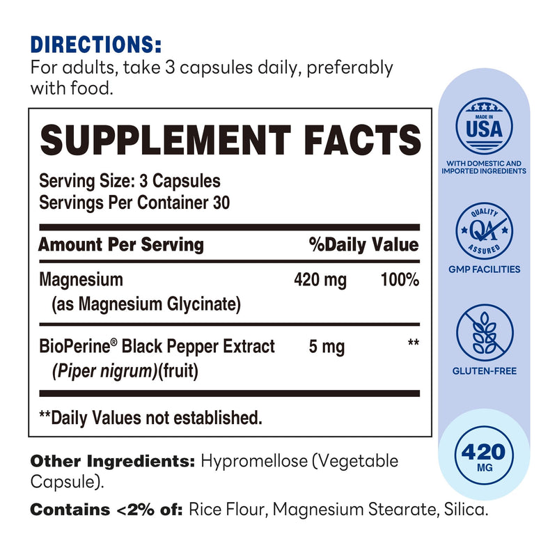 Vitamin World Magnesium Glycinate 420mg w/BioPerine, 90 Vegetarian Capsules | High Absorption Chelated Magnesium Supplement for Relaxation, Heart, Muscle, Bone, Nerve Health, Gluten-Free, 30 Servings