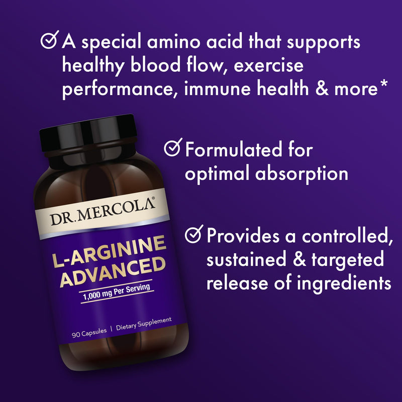 Dr. Mercola L-Arginine Advanced, 30 Servings (90 Capsules), 1,000 mg Per Serving, Dietary Supplement, Supports Energy Production, Non-GMO