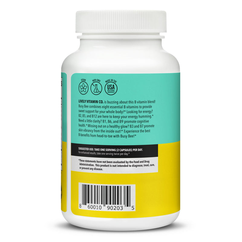 LIVELY VITAMIN CO. Busy Bee - Highly Bioavailable Vitamin B Complex with Choline - Energy - Stress - Brain Fog - Mental Clarity - Oxidative Damage - Dairy Soy Gluten Free - 180 Vegan Capsules