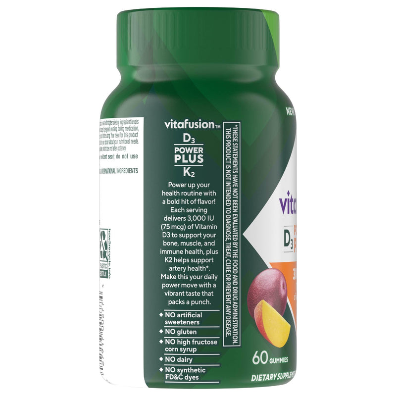 Vitafusion Power Plus Vitamin D3 K2 Gummies | 3000 IU Vitamin D | 60 Count | for Adult Women & Men | Tropical Punch Flavor | Gluten-Free Supplement