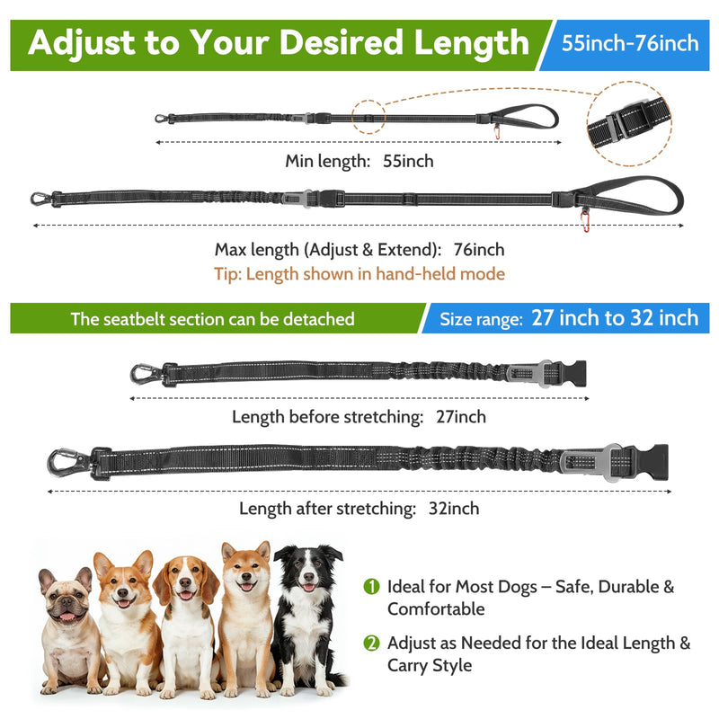 Hands Free Dog Leash 4-in-1, Adjustable 4–6 ft Waist & Crossbody Leash with Seat Belt Clip & Poop Bag Holder, Reflective & Heavy-Duty for Running, Walking, Hiking, Training Black