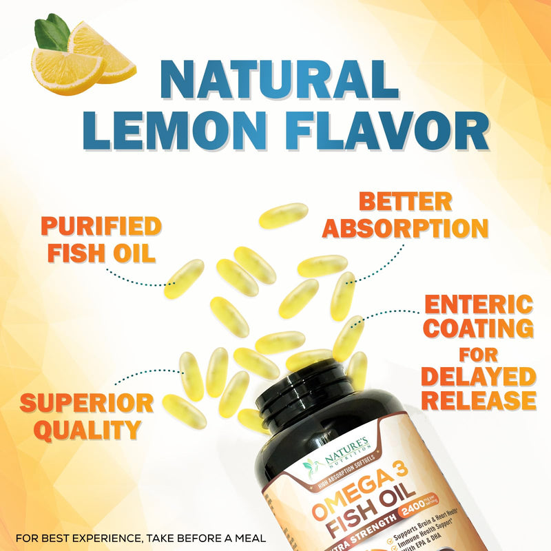 Omega 3 Fish Oil Supplements - 2400mg Fish Oil Per Serving - Triple Strength Omega-3 with EPA & DHA Fatty Acids - Natural Heart, Brain & Immune Support - Wild Caught, Bottled in USA - 180 Softgels 180 Count (Pack of 1)