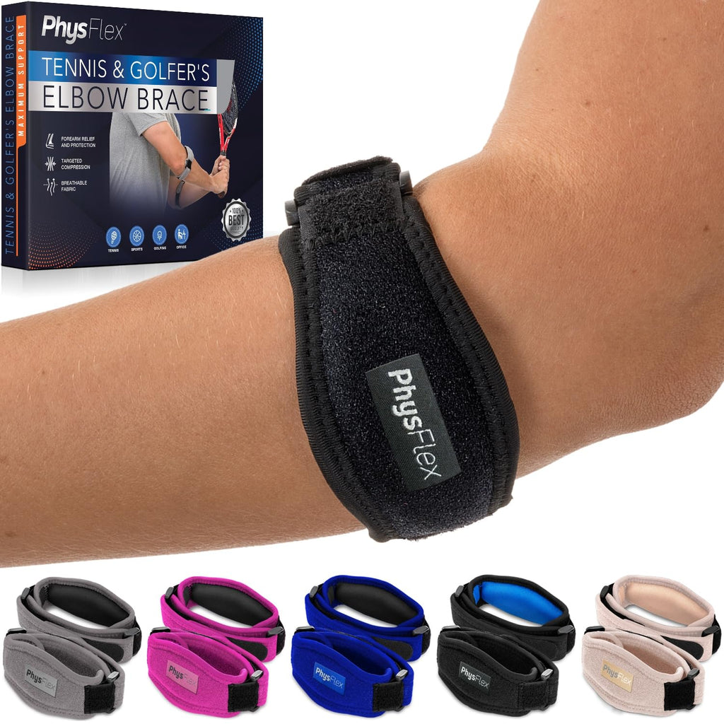 2-Pack Elbow Brace for Men & Women, Adjustable Tennis & Golfer's Elbow Support Strap for Tendonitis Pain Relief - Compression Pad for Arm, Forearm, Tendon Pain Relief One Size (Pack Of 2) Black
