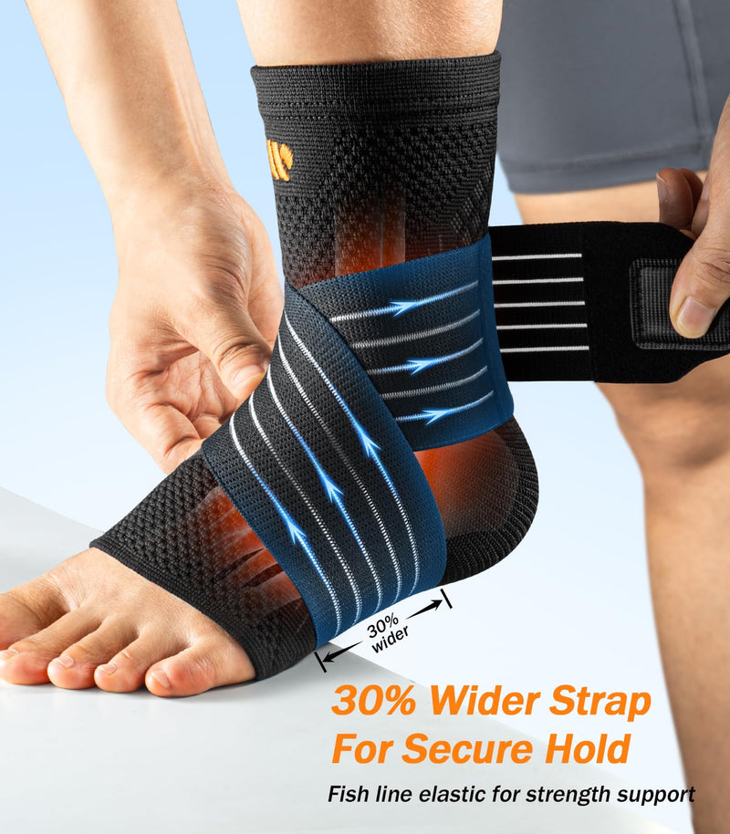 Low-Profile Ankle Braces for Women & Men, Customizable Ankle Compression Sleeve w/Wide Strap, Foot Support Wrap for Plantar Fasciitis Pain Relief, Achilles Tendonitis, Sprain, Black, 1 Pair, L Black/Orange Large - BeesActive Australia