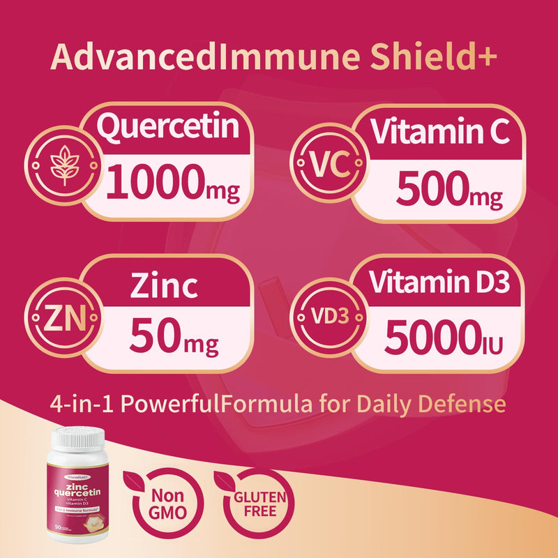 Quercetin with Vitamin C and Zinc,Support Immune| 90 Capsules | Quercetin 500mg, Vitamin C 500mg, Zinc 50mg (Picolinate, Citrate, Glycinate, Gluconate)