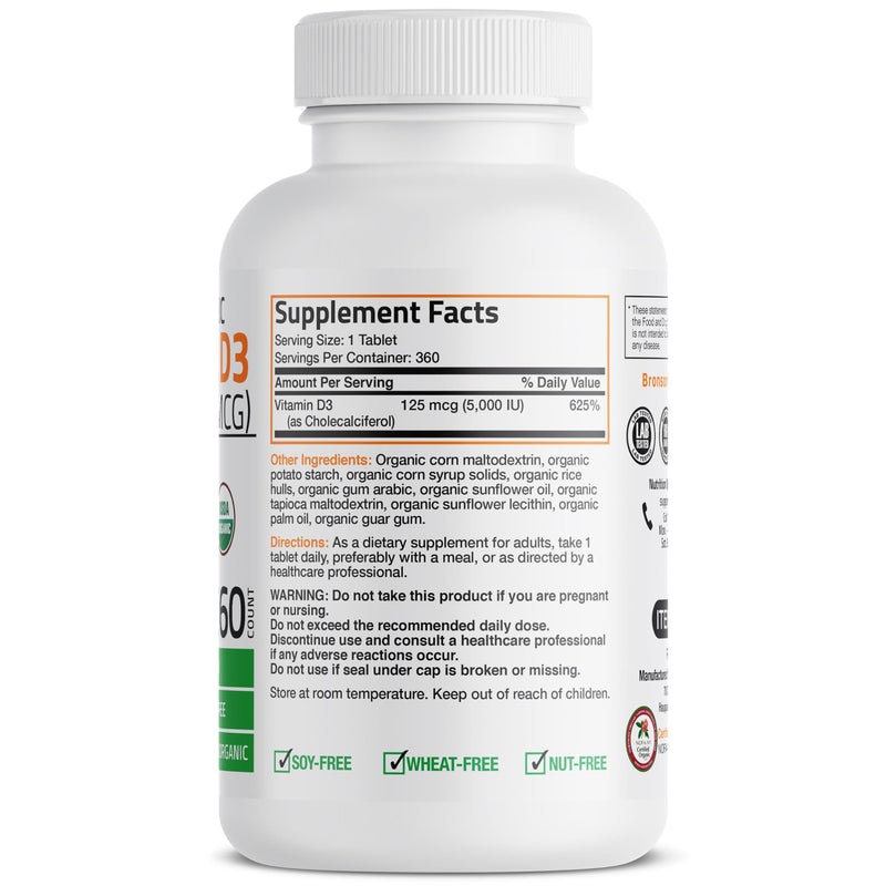 Bronson Vitamin D3 5,000 IU (125 mcg), USDA Certified Organic, 360 Tablets | Bone, Muscle, Immune & Nervous System Support, Non-GMO, Gluten-Free, Soy-Free, Wheat-Free & Nut-Free 360 Count (Pack of 1)
